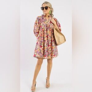 JODIFL Pink Floral Puff-Sleeve Casual Babydoll Dress